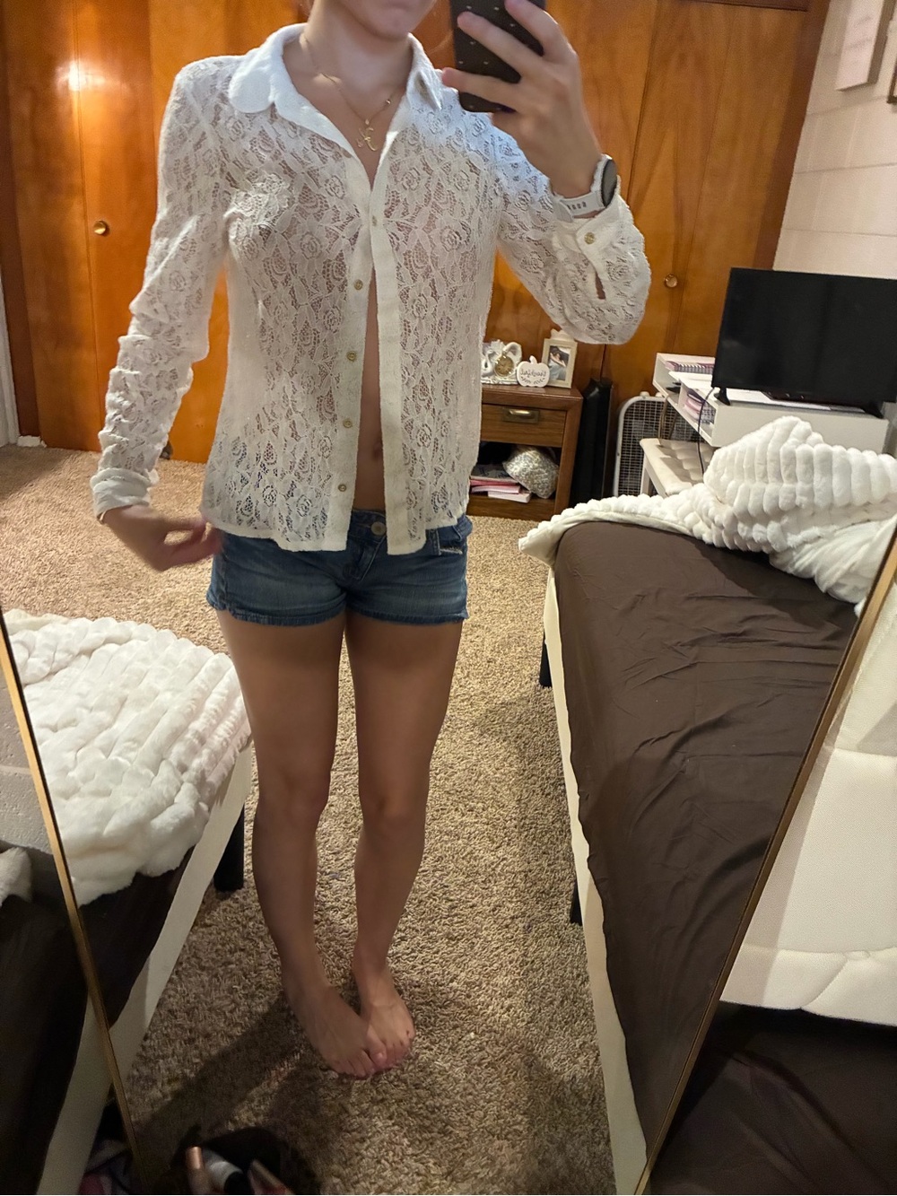 Sheer White Lace Button-Front Blouse for Women